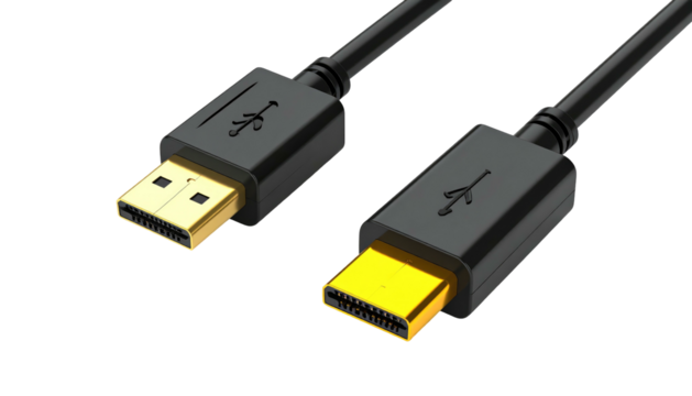 Close-up view of a black cable with golden connector ends, presented on a contrasting dark background for clarity