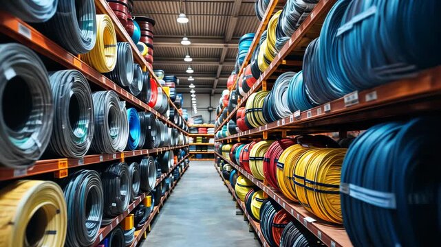 Rows of colorful coiled objects on shelves in an interior space, long perspective
