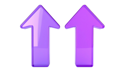 Two glossy, purple, upward pointing arrows, side-by-side, on a black background, with slight gradient shading