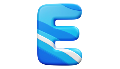 Glossy 'E' in blue hues with wavy stripes on a black backdrop