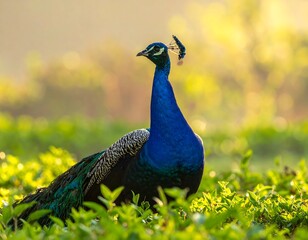 Obraz premium A majestic peacock poses in a sunlit meadow, its vibrant blue and green plumage contrasting against the soft, blurred background