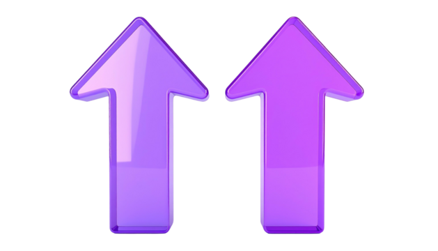 Two glossy, purple, upward pointing arrows, side-by-side, on a black background, with slight gradient shading