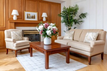 Naklejka premium Cozy traditional living room interior with fireplace and wooden furniture