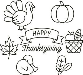 Happy Thanksgiving Line Art Vector | Turkey, Pumpkin, Autumn Leaves, and Harvest Basket Illustration