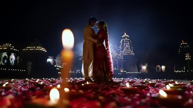 Romantic Indian couple at wedding night.