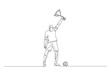 Football player holding ball and trophy continuous one line drawing. Football player with trophy in single line art illustration. Editable vector.