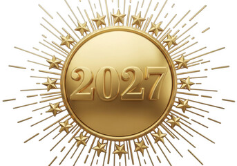Fototapeta premium Golden 2027 emblem with starburst and stars isolated on transparent background