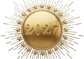 Golden 2027 emblem with starburst and stars isolated on transparent background