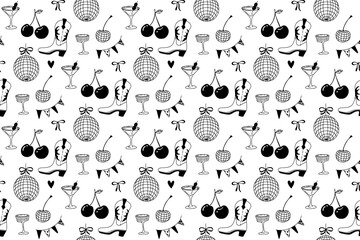 Whimsical cowgirl seamless pattern with boots, daisies, and stars