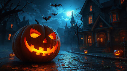 Spooky Halloween Night with Glowing Jack-o&rsquo;-Lantern