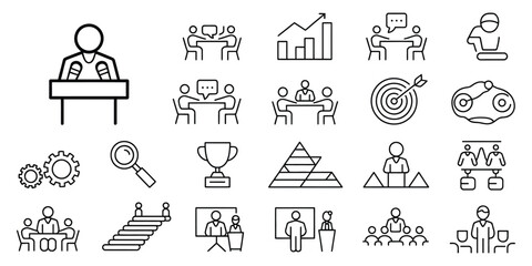 Conference vector icon set clean professional business icons perfect for networking events webinar graphics coaching session layouts strategic planning documents and company profile designs