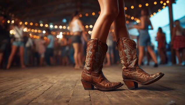 Stylish country girl in cowboy boots dancing the night away at lively honky tonk party with friends under warm string lights ready for fun