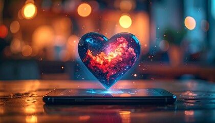 A luminous, cosmic heart hovers above a smartphone. The background is softly blurred with warm lighting, suggesting a cafe setting
