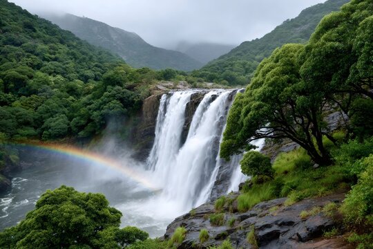 Athirappilly waterfall creating rainbow in green forest