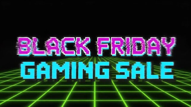 Experience nostalgia with this 80s-inspired Black Friday gaming sale graphic featuring a vibrant digital landscape and a glowing grid. Animation 4k