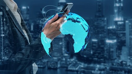 Global network connection visualization showing data exchange, digital link, worldwide communication. Global data flow and digital network infrastructure connecting regions around the world. Thunk