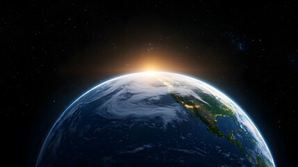 Fototapeta premium A captivating image shows Earth from space, with a bright sunrise illuminating the horizon and a starry background adding to the vastness of the cosmic perspective.