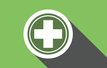 White medical cross inside green circle with long shadow health symbol first aid
