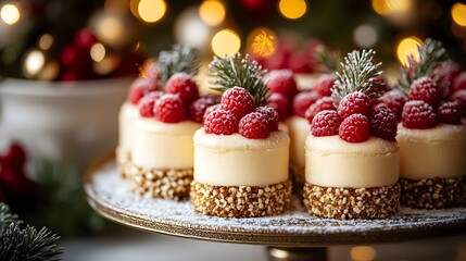 Delicious holiday dessert featuring creamy cheesecake topped with fresh raspberries and festive greenery