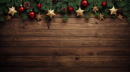 Festive Christmas Decor Border With Greenery, Pine Cones, Red Ornaments, And Gold Stars On Wood