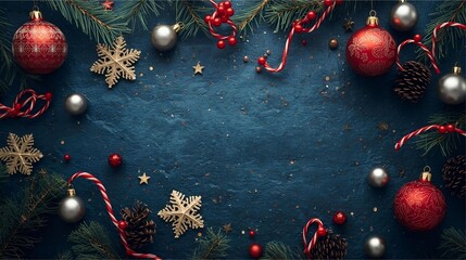 Christmas Decor Border With Ornaments, Snowflakes, Candy Canes, Pine Cones On Deep Blue Background