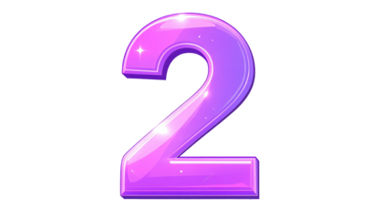 Glossy number two, shaded from pink to purple with white highlights, against a stark black background