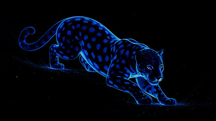 Stunning digital illustration of a powerful neon blue leopard or jaguar crouching and stalking, with vibrant electric light illuminating its spots against a pure black background, symbolizing speed, s
