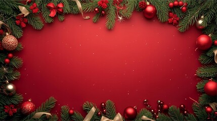 Festive Christmas Frame With Greenery And Red Ornaments On Red Background