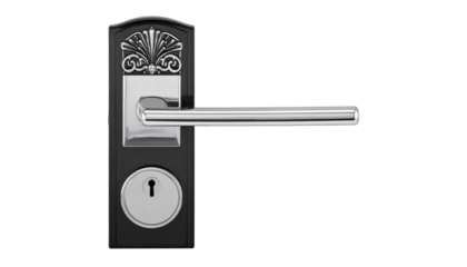 Elegant door lever handle with intricate filigree atop a sleek, black plate and keyhole on black background