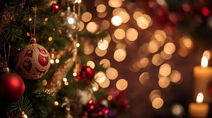 Festive Christmas Tree Decor With Ornaments And Soft Bokeh Lights For Warm Holiday Scene