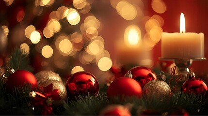 Cozy Christmas Decor With Red And Gold Ornaments, Candlelight, And Warm Bokeh Lights