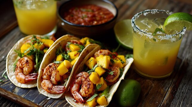 Shrimp and mango tacos with mango margaritas