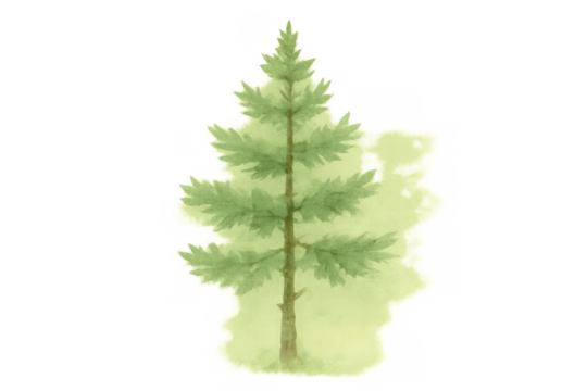 Pine tree watercolor illustration on transparent background, showing evergreen nature, forest, and plant life concept