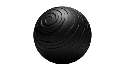 Sleek black sphere with a spiraling ridged design, centered against a stark black background