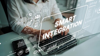 Business Professional Using Laptop with Smart Integration Technology Visuals and Data Analytics Graphs in Modern Office Environment. Asymptotic smart data analytic.