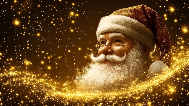 Jolly Santa Claus surrounded by sparkling golden lights during the festive season