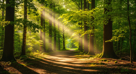 Serene Sunlight Streaming Through Tall Green Trees in a Lush Forest
