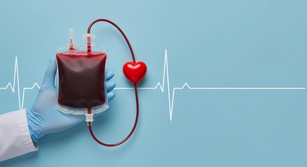 Donate blood and save a life with this powerful medical concept showing a blood bag connected to a heart with an EKG line for a vibrant health message