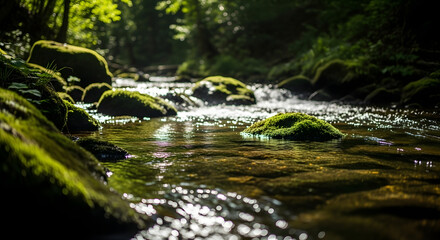 Serene Low Angle Landscape View of Mossy Rocks in Stream