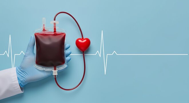 Donate blood and save a life with this powerful medical concept showing a blood bag connected to a heart with an EKG line for a vibrant health message