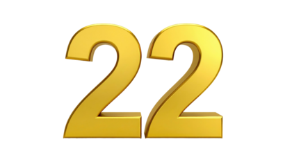 Golden 3D render of the number twenty-two (22) isolated on black background, gleaming and shiny