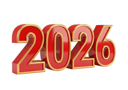 Shiny red 3d number 2026 with gold trim isolated on transparent background