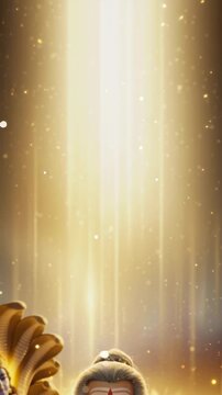 Saint Narada plays his divine veena, surrounded by a warm golden light that radiates spiritual energy.