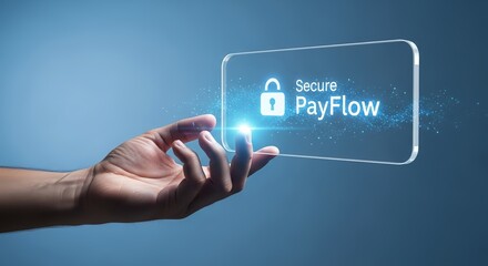 Hand holding a transparent screen with secure payflow text and padlock icon on a blue background