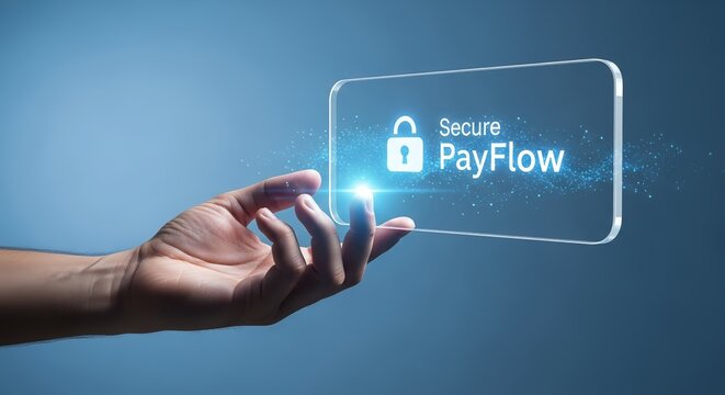 Hand holding a transparent screen with secure payflow text and padlock icon on a blue background
