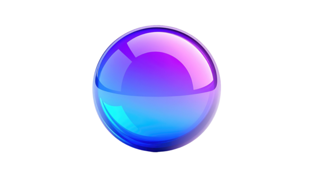 A luminous purple and blue orb floats on a black background, featuring a glossy sheen with gradient colors