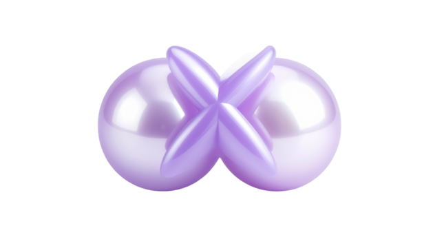 Two spheres joined by a cross-shaped element, all glossy, light purple, isolated on black background