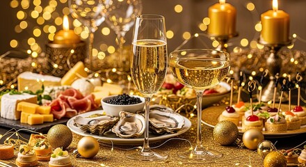 Elegant Holiday Celebration Table with Festive Food and Drinks