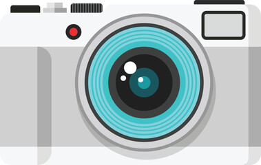 Flat design illustration of a white digital camera with a teal lens photography