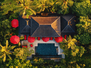 Aerial view of a tropical villa surrounded by lush greenery and palm trees, featuring a pool and bright red umbrellas — generative AI